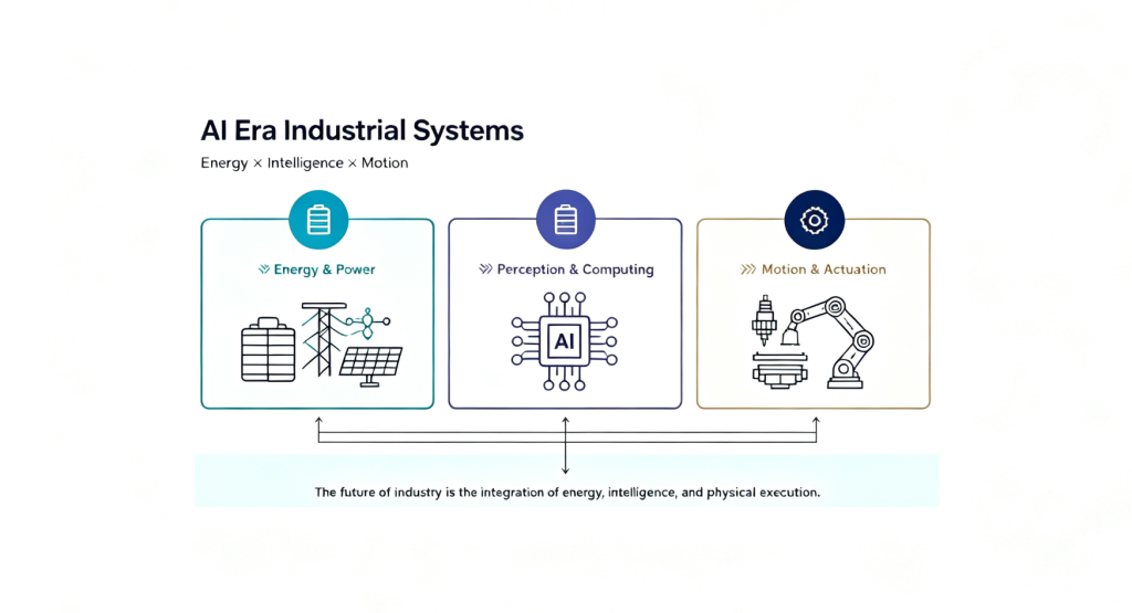 Colsourcing infographic of AI Era Industrial Systems integrating Energy & Power, AI Perception & Computing, Motion & Actuation to reshape global smart manufacturing, renewable energy and industrial infrastructure worldwide