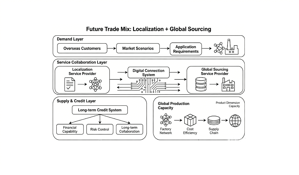 Colcourcing infographic explaining the future trade mix as a combination of localization and global sourcing, showing three layers: demand layer, service collaboration layer, and supply and credit layer.